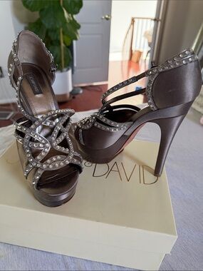 Joan & David Pewter Satin Crystal-Strap Platform Stilettos